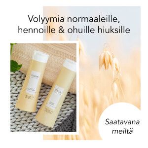 Volyymia normaaleille, hennoille ja ohuille hiuksille. Saatavana meiltä. Tuotepurkkeja.